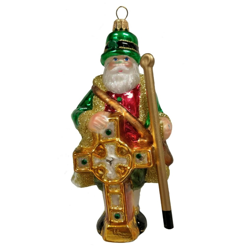 Irish Santa Claus with Celtic Cross Polish Glass Christmas Ornament