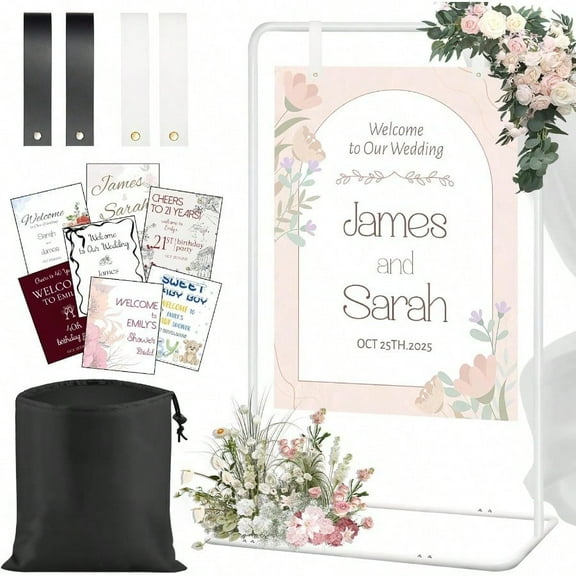 Adjustable Wedding Welcome Sign Stand with 2 Pair Hanging Straps Welcome to Our Wedding Sign Holder Stand for Reception Heavy Duty White Easel Stands for Sign Poster Metal Floor Standing