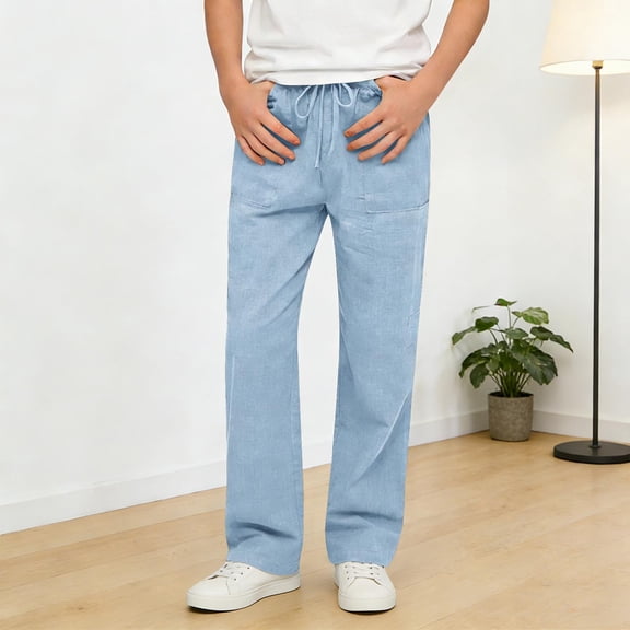 ITSAME Boys Straight Leg Pants, Drawstring Cotton Linen with Pockets Summer Casual Active Pants for Kids Blue Size 10-11