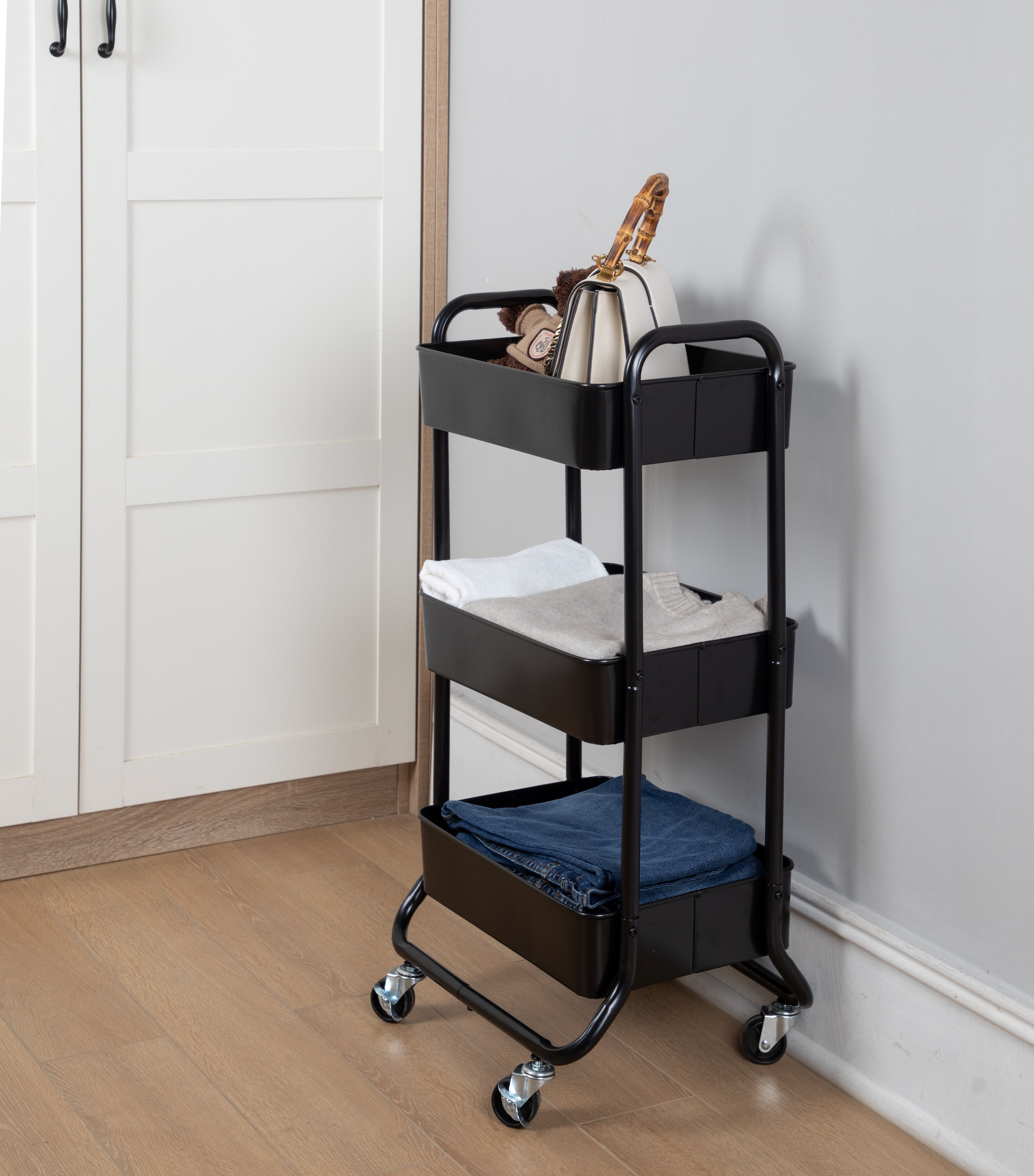 (3 pack) Mainstays 3 Tier Metal Laundry Cart, Rich Black, Easy Rolling