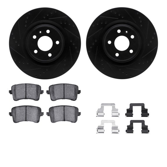 Dynamic Friction Company Rear Brake Rotors-Drilled and Slotted-Black with 5000 Euro Ceramic Brake Pads includes Hardware 8612-73056