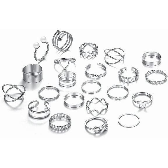 22Pcs 22 Style Heart Butterfly Criss Wave Alloy Finger Rings Set Stackable Rings for Women Platinum Inner Diameter 18mm