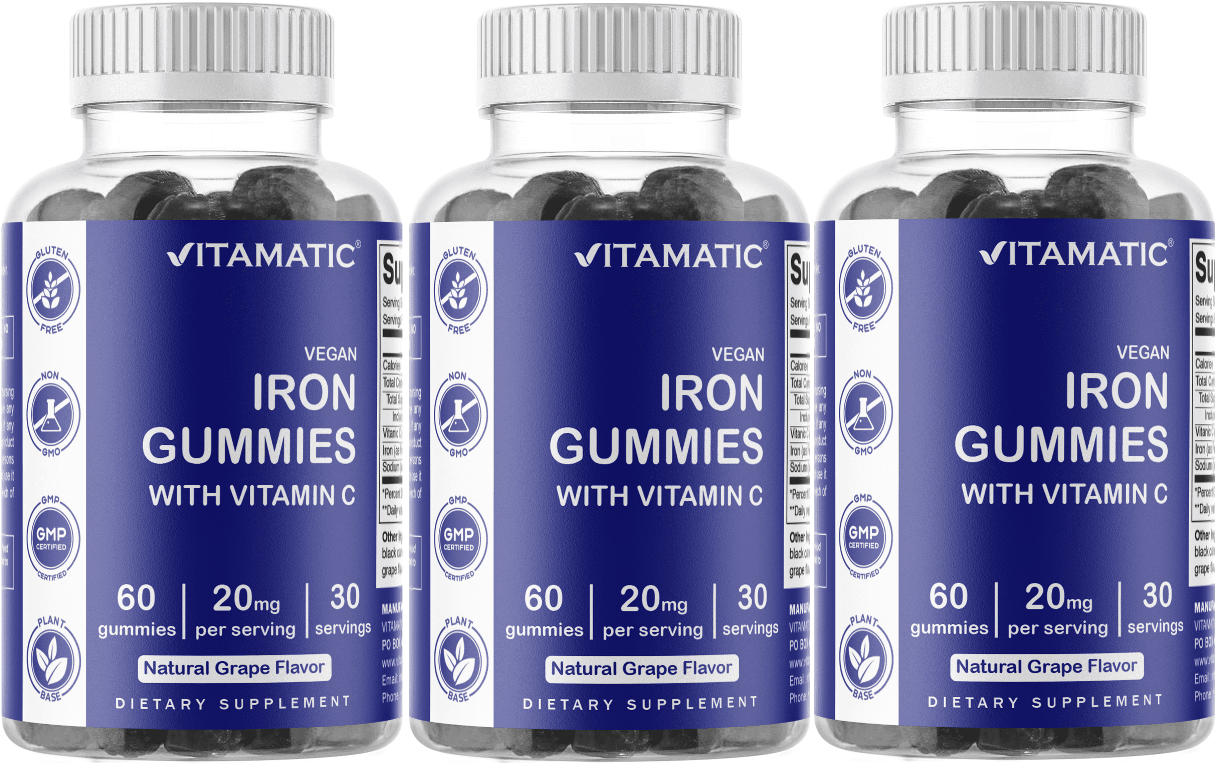 3 Pack Vitamatic Iron Gummies Supplement for Women & Men 20mg Serving