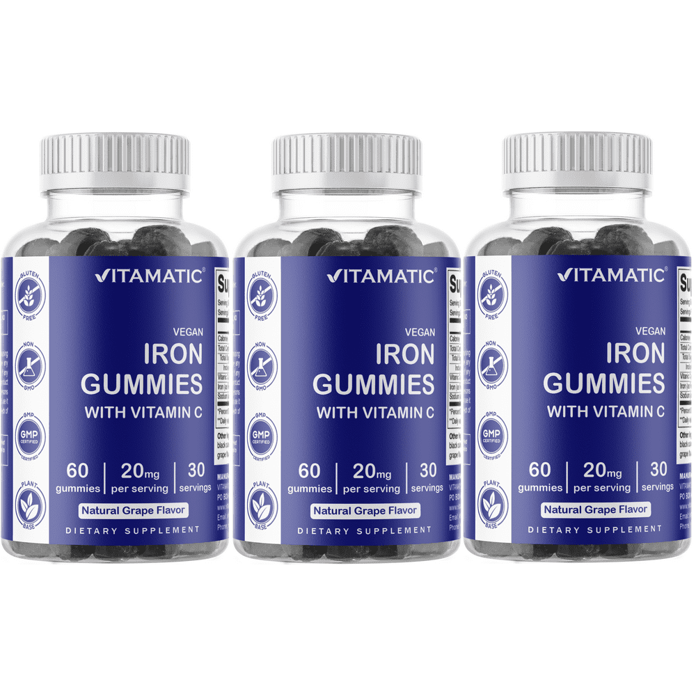 3 Pack Vitamatic Iron Gummies Supplement for Women & Men 20mg Serving