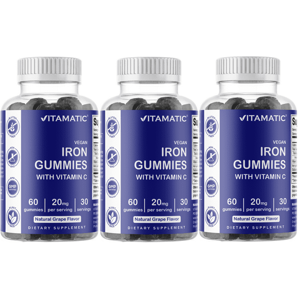 3 Pack Vitamatic Iron Gummies Supplement for Women & Men 20mg Serving