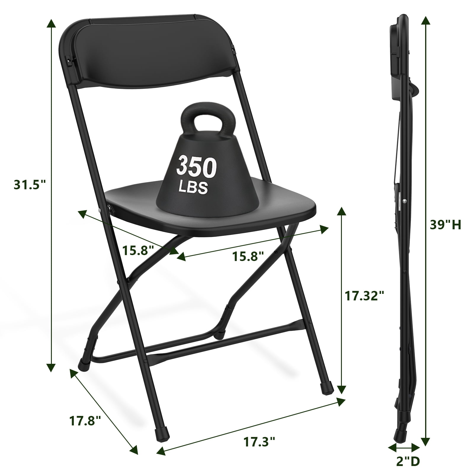WASUHE 2 Pack Black Plastic Folding Chairs, Indoor Outdoor Portable Stackable Commercial Chairs with Non-slip Design, 350lbs Capacity, Indoor Outdoor for Events Wedding Party Office Dining
