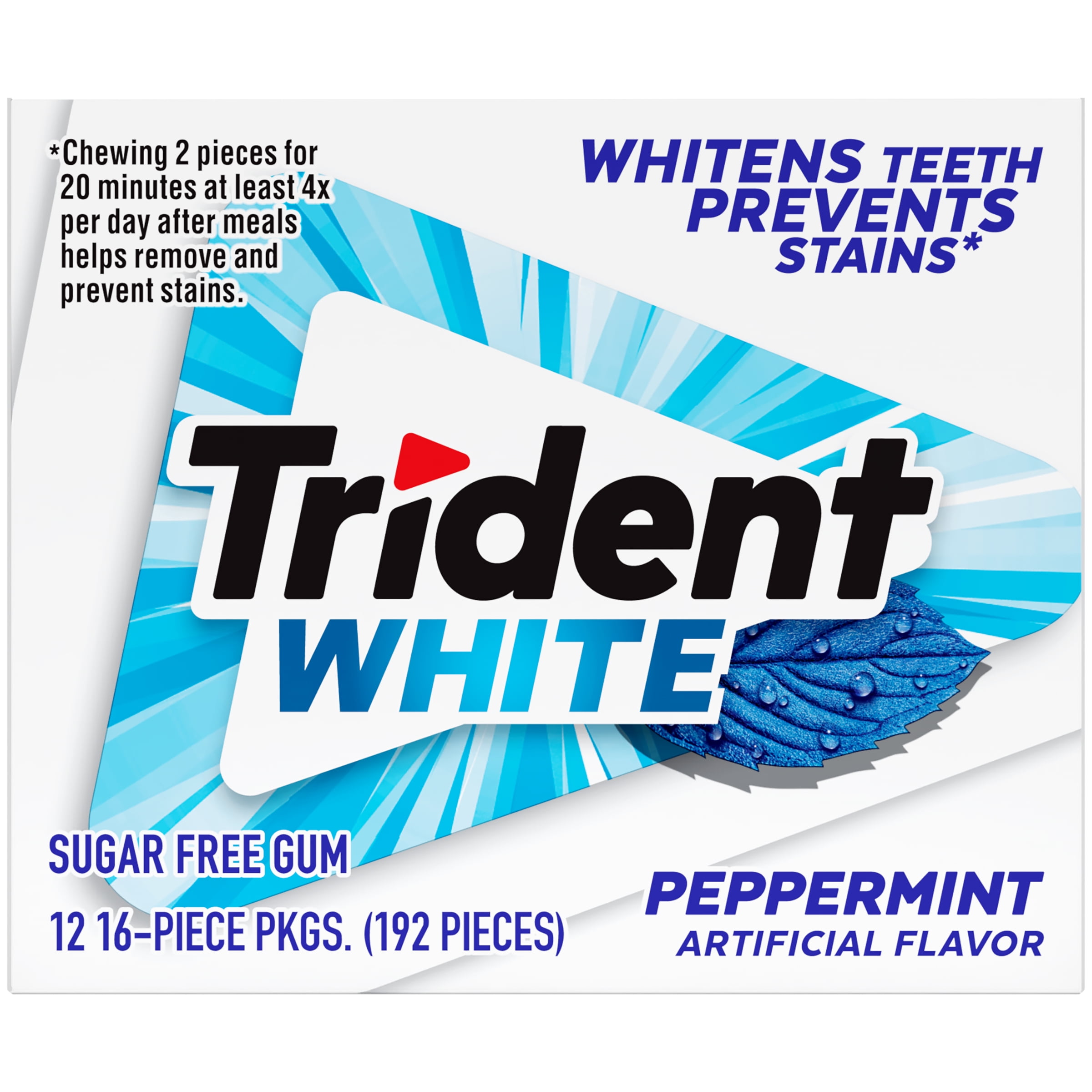 Trident White Peppermint Sugar Free Gum, 12 Packs of 16 Pieces (192 Total Pieces)