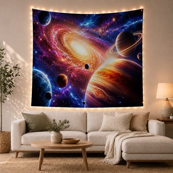 Vibrant Spiral Galaxy and Planets in Nebula Field, Dreamy Celestial Digital Art for Space Enthusiasts, Astronomy Decor Artwork, Birthday Gift Tapestry Wall Hanging for Bedroom and Living Room
