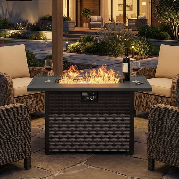 43-Inch 2-in-1 Fire Pit Table, Outdoor Propane Heater & Dining Table with Cover, 50,000 BTU, CSA Certified, Adjustable Flame – Weather-Resistant PE Rattan, Brown