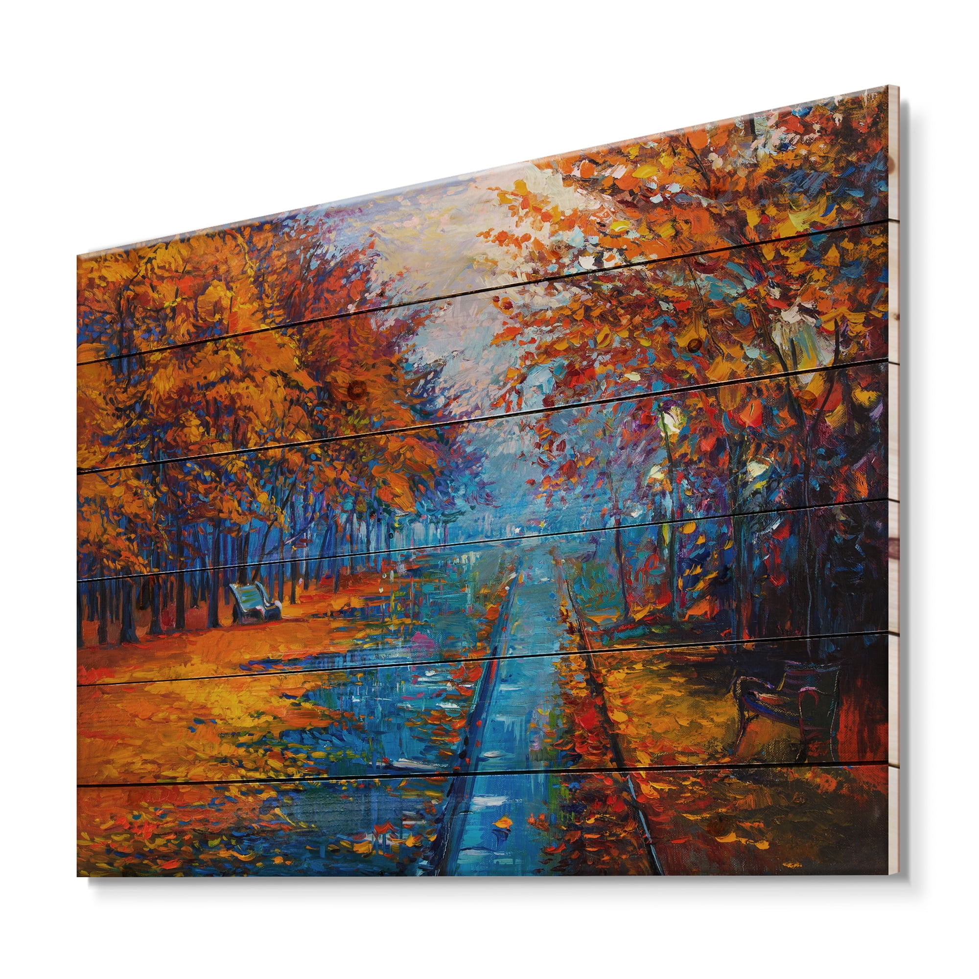 Designart 'Orange Autumn Landscape With Little Road II' Traditional Print on Natural Pine Wood
