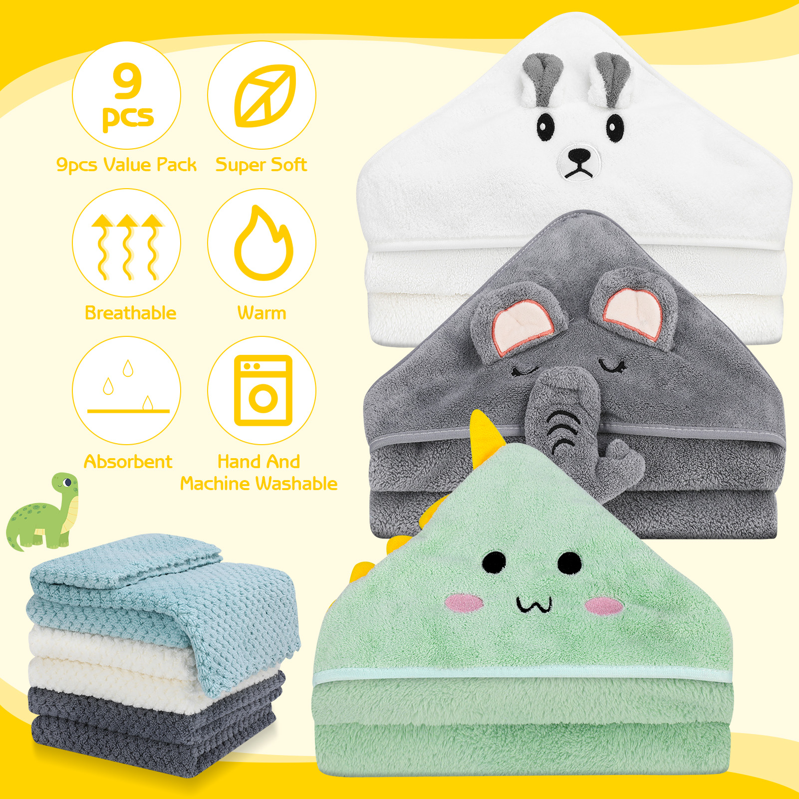 Kaboer Baby Hooded Towels & Washcloth Set, 9 Pieces photo 2