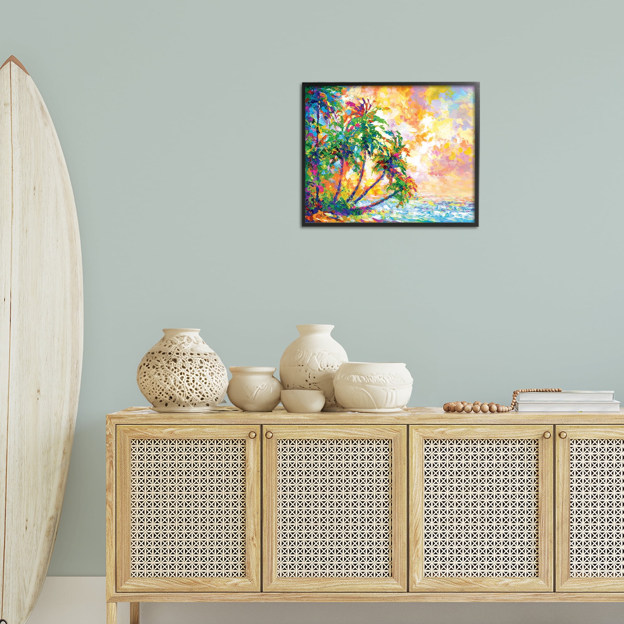 Stupell Industries Full Beach Palms Landscape Painting Black Framed Art Print Wall Art, 20 x 16