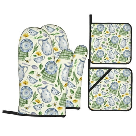 

Oven Mitts and Pot Holders 4 Piece Vintage Utensils High Heat Slip Resistant Oven Mitt and Trivets Set Kitchen Oven Glove Pot Holders for Cooking Baking Grilling