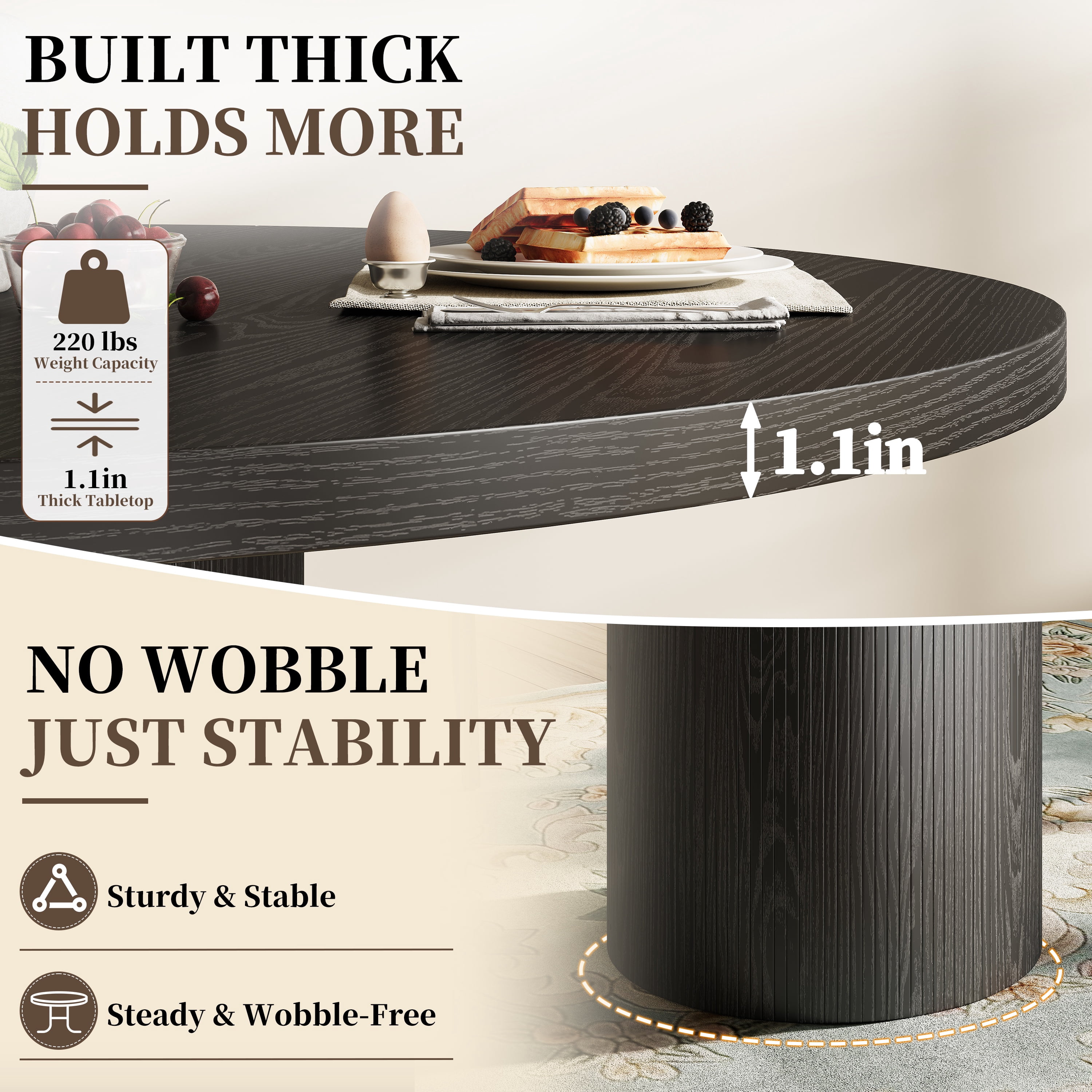 47" Dining Table, LEGAHOME Round Kitchen Table for 4, Wooden Circle Pedestal Table for Dining Room with 1.1in Thickness Tabletop, Black(Only Table)