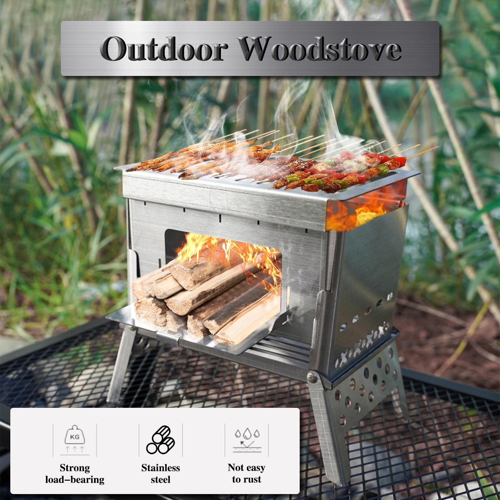 Portable Camping Stove Wood Burning Stoves Folding Stainless Steel Camping Stove BBQ, Portable Wood Burning Stove with Carrying Bag for Backpacking Camping Hiking Camping