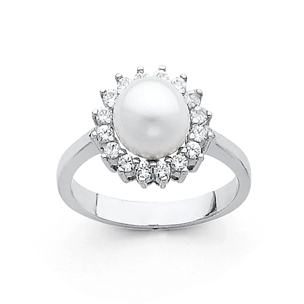 Jewels By Lux 14K White Gold Pearl & Cubic Zirconia CZ Fashion Anniversary Ring Jewels By Lux 14K White Gold Pearl & Cubic Zirconia CZ Fashion Anniversary Ring