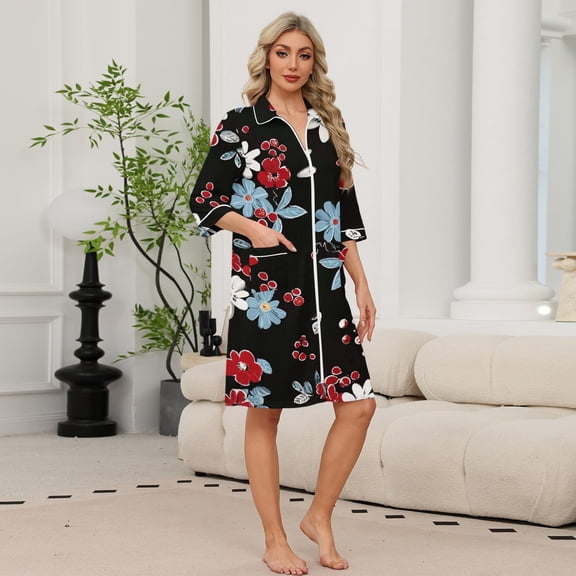 Women's Robes 3/4 Sleeve Zipper Housecoats Knee Length Casual Bathrobe Duster House Dress with Pockets