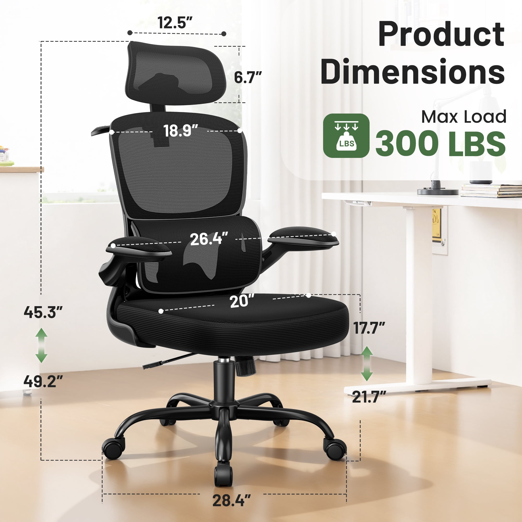 ATHOPE Ergonomic Office Chair, Desk Chair with Adjustment Lumbar Support and Headrest, Mesh Comfy High Back Computer Chair with Flip Up Arms for Home Office, Black