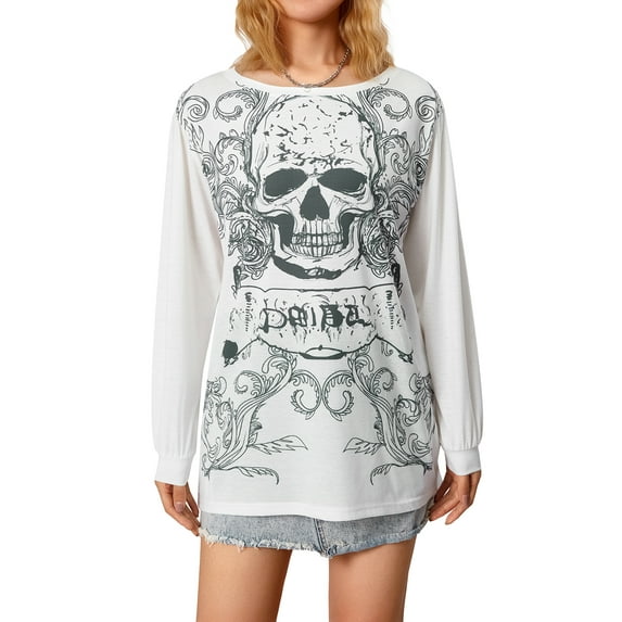 Gureui Women Fairy Grunge Graphic Long Sleeve Tops Casual Vintage Gothic Print Round Neck Aesthetic Pullover Shirt Blouse 90s Streetwear