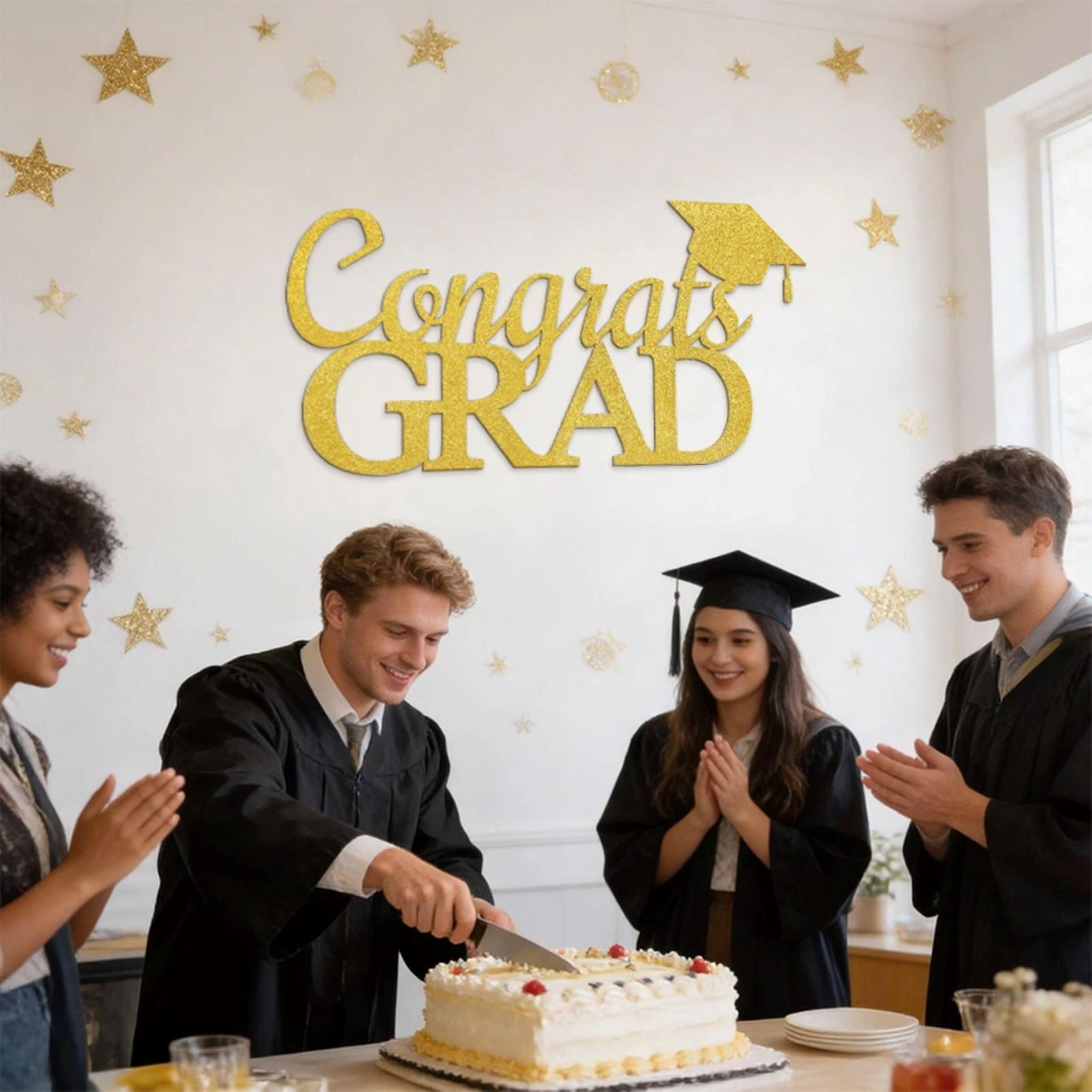 Seyotauo Graduation Party Decorations, Glitter Gold Congrats Sign with Graduation Cap Paper Wall Decals, Stylish Ornament for College Graduation Ceremony and Photo Booth Backdrop Decoration