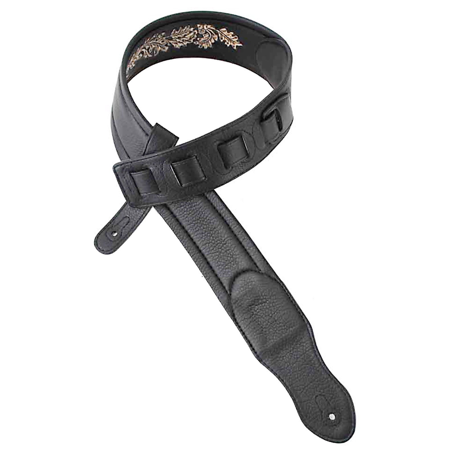 Walker & Williams KB-03-BLK Soft Matte Black Full Grain Center Block Carving Leather Padded Guitar Strap With American Eagle & Oak Leaves