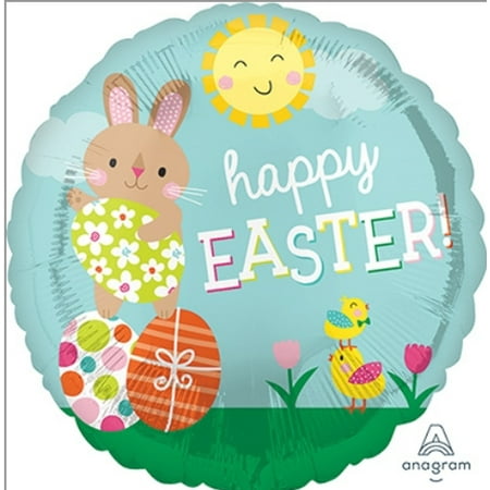 Happy Easter Bunny and Chicks Balloon Round Foil Easter Mylar 18 Inch Balloon