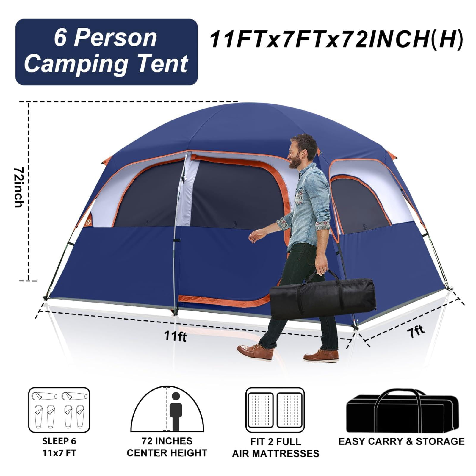 Upgraded 6/8 Person Camping Tents  Waterproof Windproof Family Tent With Larger Mesh Windows & Door Double Layer Easy Set Up All-season Dome Top Rainfly Carry Bag