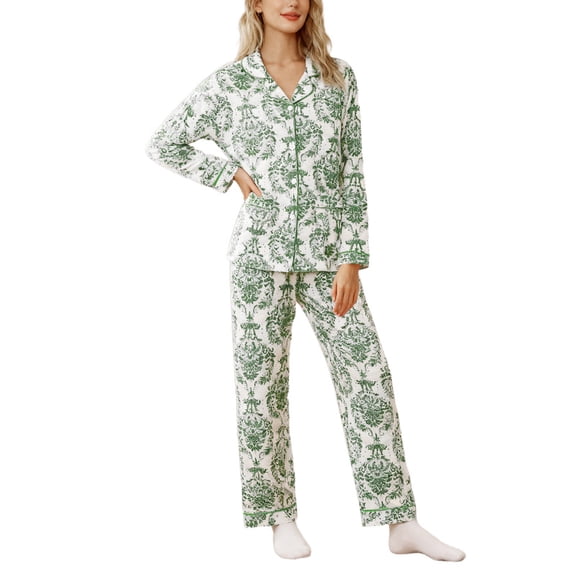 Bibifish Womens Pajama Sets Light Green White Floral Printed Button Down Long Sleeve Sleepwear Sets Top With Pant Minimalist Cozy Nightwear Sets