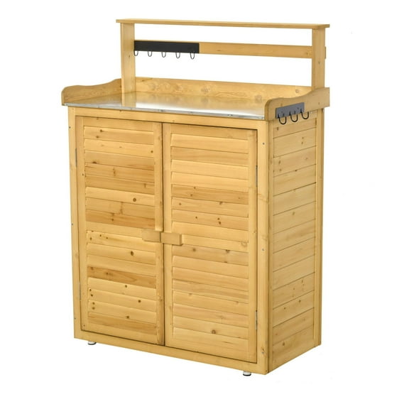 Wooden Potting Bench 3-Tier Outdoor Storage Cabinet - Garden Work Station Table with Lockable Doors, Hooks & Foot Pads - 34.25"L Yellow