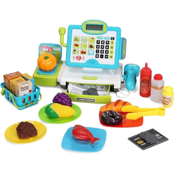 Pretend Play Cash Register Toys with Scanner, Calculator, Large Drawer, Microphone, Play Food, Supermarket Cashier Register Toy, Pre-School Gift for Kids, Boys & Girls, Ages 3 4 5 6 7 8