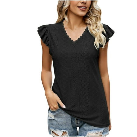 SMihono Womens Tunic Eyelet T-Shirts Hollowed Jacquard Solid Basic Tees Ruffled Flutter Short Sleeve Lace V-Neck Summer Tops Slim Fit Flowy Babydoll Casual Dressy Shirts Women Spring Black 10