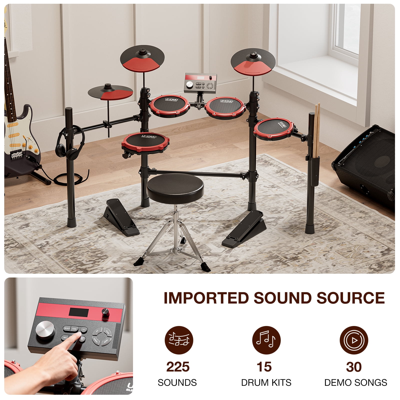 UMOMO Electric Drum Set, Electronic Drum Set With Mesh Electric Drum Pads, 225 Sounds, Drum Sticks, Headphones & Audio Cables, Stable Steel Frame, 15 Drum Kits, for Beginner, Red & Black
