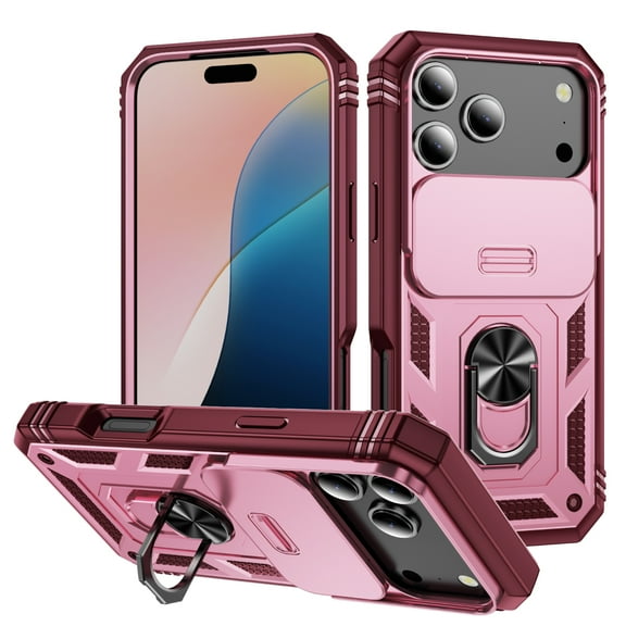 Rugged for iPhone 17 Pro Max Case with Camera Lens Sliding Cover Protective Phone Case with Rotated Ring Stand, Heavy Duty Shockproof Magnetic Car Mount Case for iPhone 17 Pro Max, Pink Red