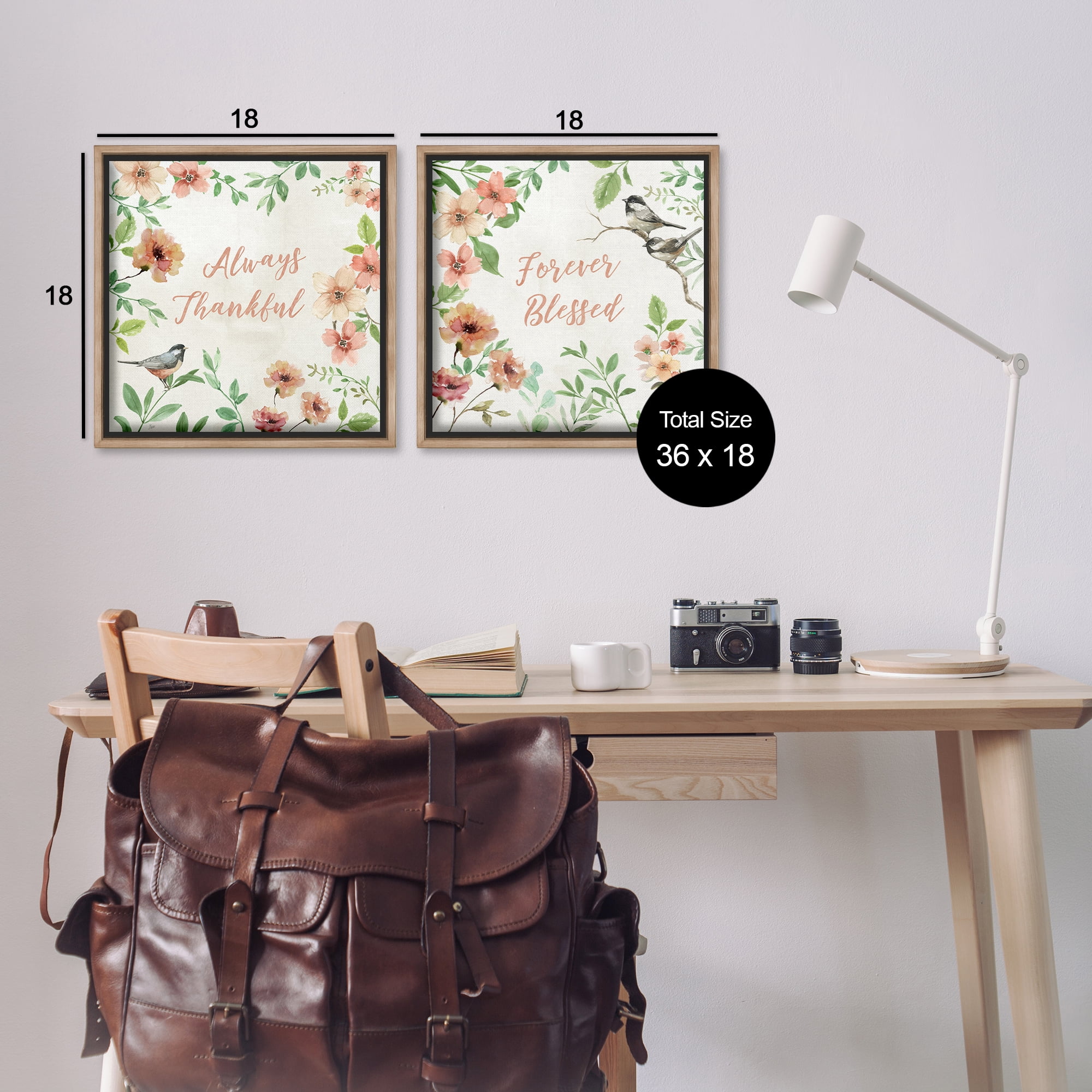 Stupell Industries Always Forever Bird Plants & Flowers Painting Brown Floater Framed Canvas Art Print Wall Art, 18 x 18, Set of 2