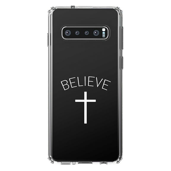DistinctInk Clear Shockproof Hybrid Case for Samsung Galaxy S10 (6.1" Screen) - TPU Bumper Acrylic Back Tempered Glass Screen Protector - BELIEVE - Cross, Jesus