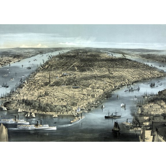 A cityscape view of New York City circa 1850 Canvas Art - John ParrotStocktrek Images (17 x 12)