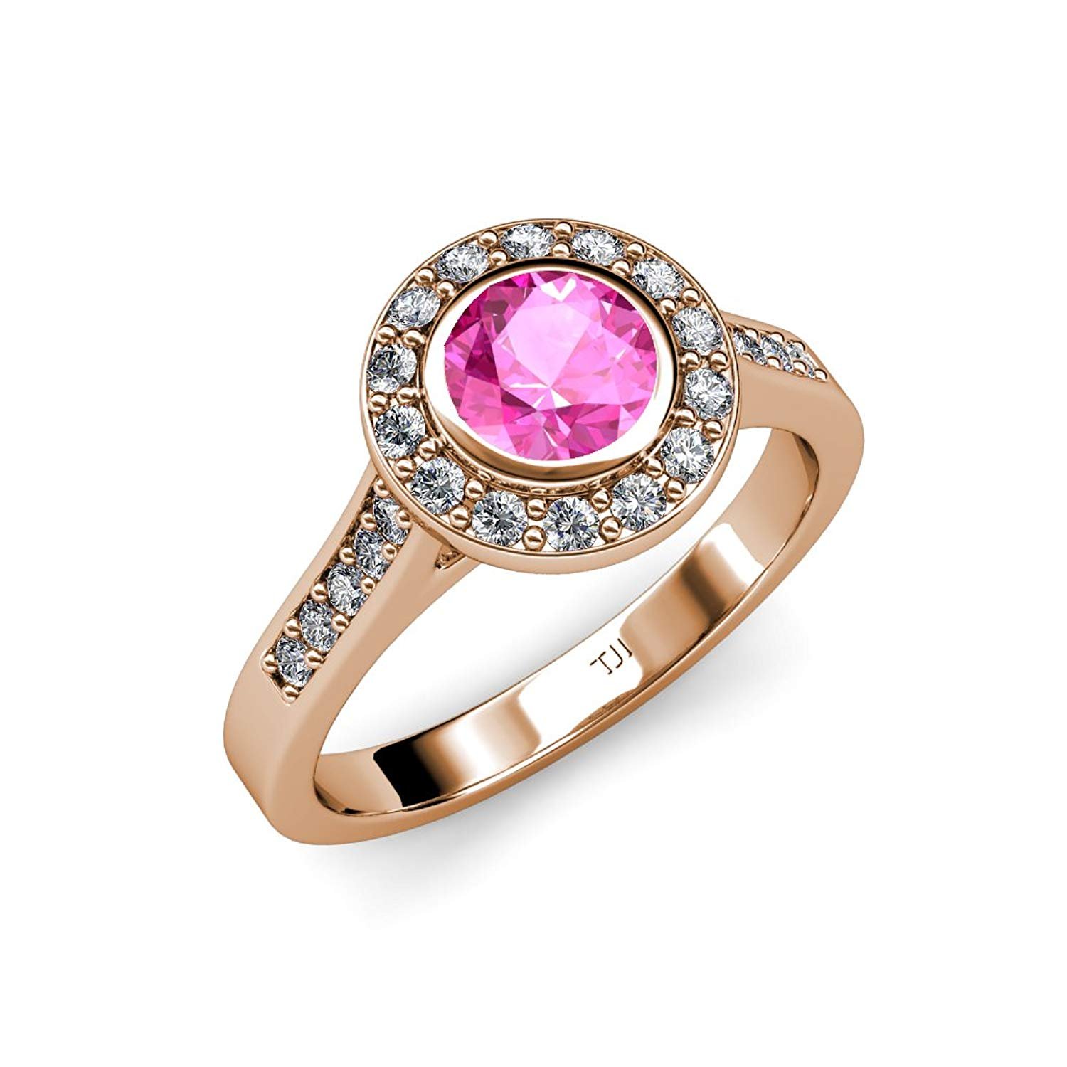 Pink Sapphire and Diamond (VS2-SI1, F-G) Halo Engagement Ring 1.41 ct tw in 18K Rose Gold.size 6.5 by TriJewels