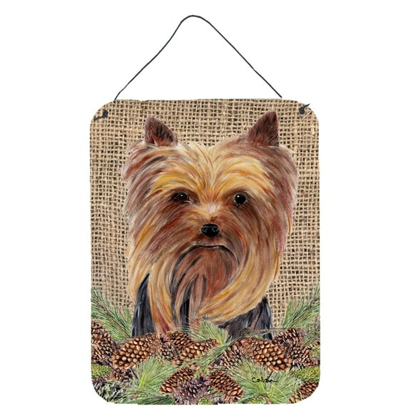 Yorkie Faux Burlap and Pine cones Wall or Door Hanging Prints