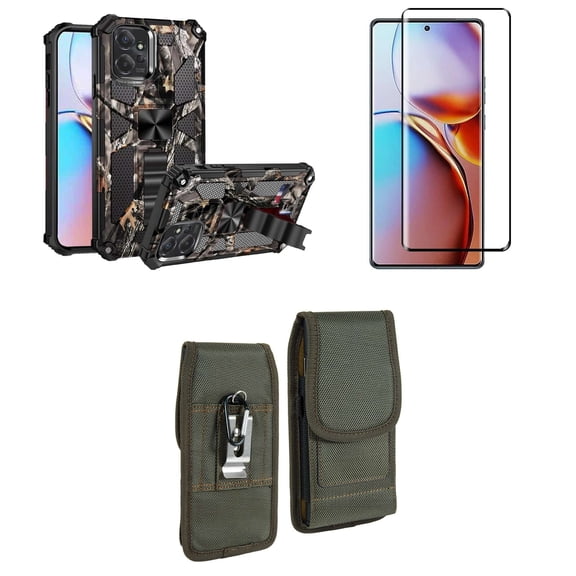 Bemz Phone Case for Motorola Edge  (Plus) 2023 with Heavy Duty Shockproof Dual Layer Kickstand Magnetic Cover, Screen Protector, Vertical Rugged Nylon Belt Holster Pouch (Matcha Green)