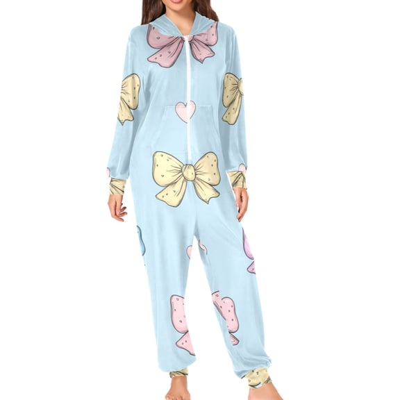 Bows with Hearts Cute Valentine Adult's Hoodie Onesie Jumpsuit One-Piece Pajamas with Zipper Unisex for Holiday S