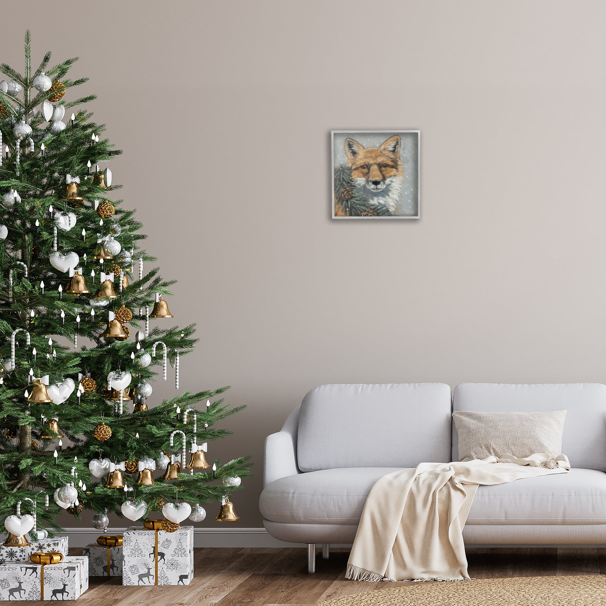 Stupell Industries Fox with Snowy Pinecones Holiday Painting Gray Framed Art Prints Wall Art, 17 x 17