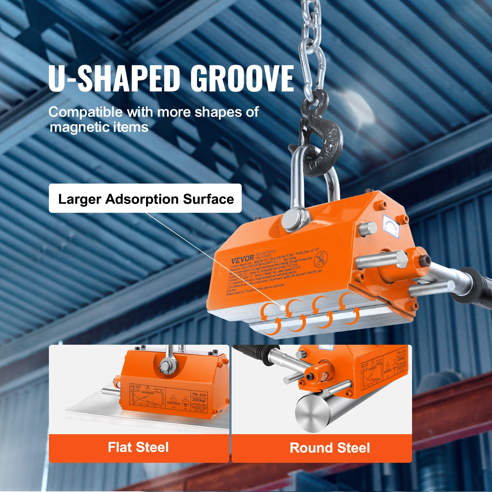 VEVOR Magnetic Lifter, 4400lbs/2000kg Pulling Capacity, 2.5 Safety Factor, Neodymium & Steel, Lifting Magnet with Release, Permanent Lift Magnets, Heavy Duty Magnet for Hoist, Shop Crane, Block