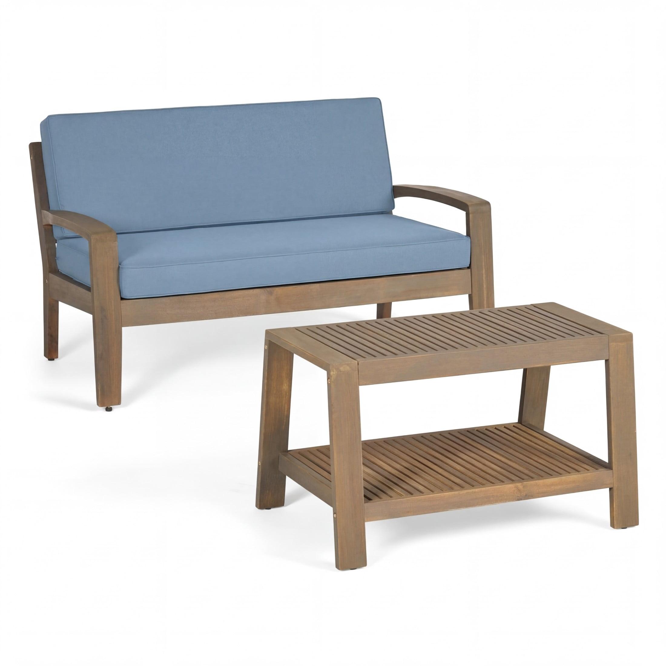 Christopher Knight Home Outdoor Acacia Wood Loveseat and Coffee Table Set with Cushions, Gray+Blue
