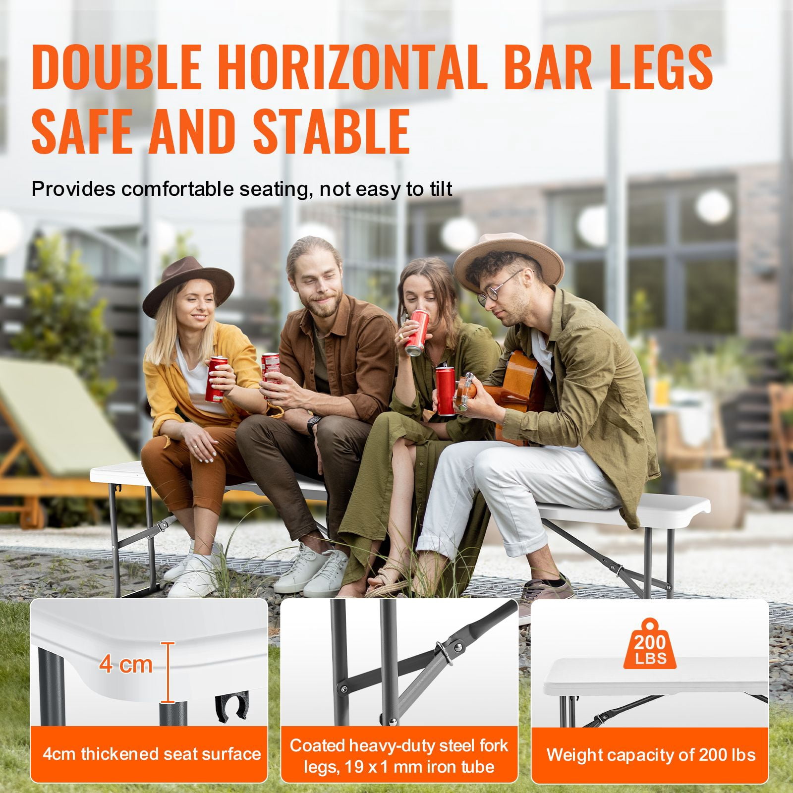2 Pack Plastic Folding Bench, 6 ft Portable Bench for Indoor Outdoor Picnic Party Patio Camping Dining, Foldable Smooth HDPE Seat for Garden Soccer Entertaining Activities, White