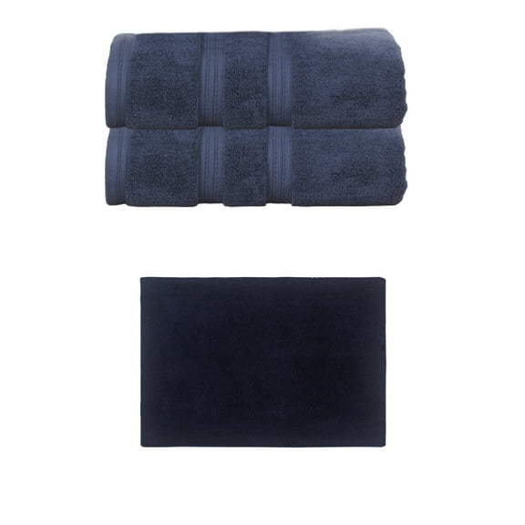 Home Weavers Luxury Collection 100% Soft Cotton Super Absorbent 2 Pcs Bath Towel Set & 1 Pc 17x24" Bath Rug, Machine Washable & Non Slip (Set of 3), Navy