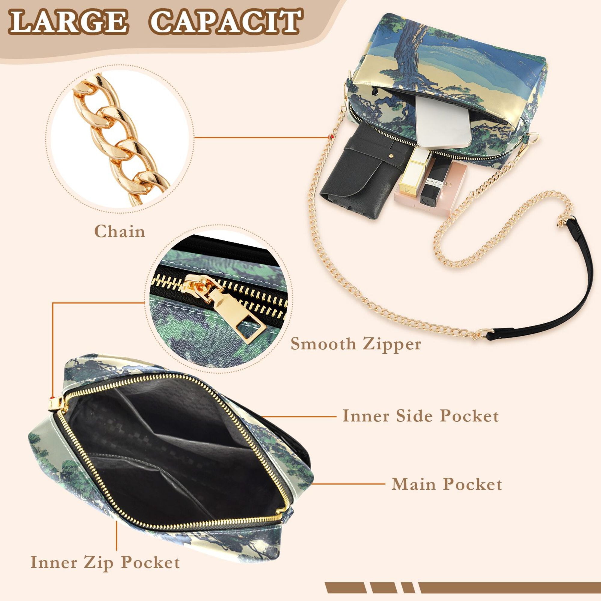 FORMRS Women Crossbody Purse with Chain Strap Vegan Leather Shoulder Handbag, Retro Mountain