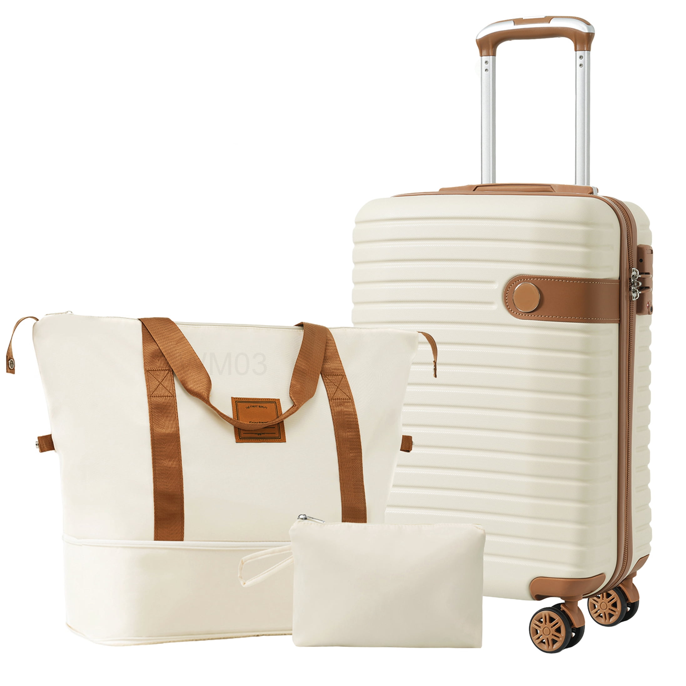 Lightweight 3-Piece Hardshell Luggage Set with Wheels, Airline Approved Carry-On Suitcase in Cream