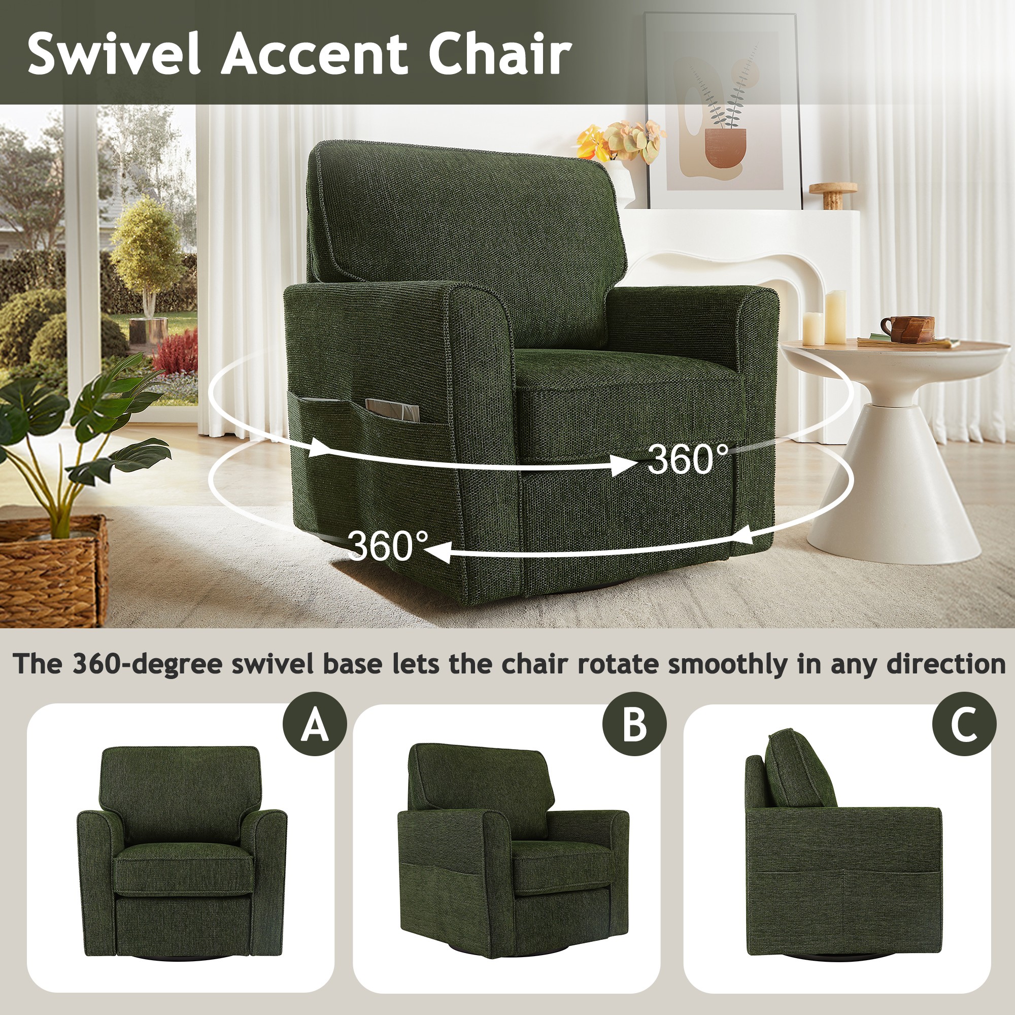 Swivel Accent Chair Swivel Sofa Chair with Side Pockets,Barrel Armchair for Living Room, Bedroom, Office,Green