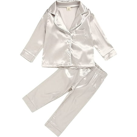 

DOUBFIVSY Toddler Baby Girl Satin Silk Pajamas Set 2 Piece Long Sleve Collared Button Down Shirts and Pants Casual Loungwear Sleepwear PJs for Kids