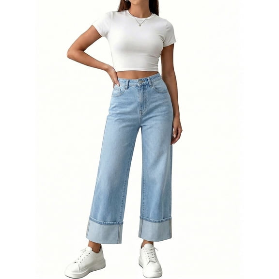 Miqool Women's Baggy Jeans High Waisted Straight Leg Cuffed Hem Denim Pants Spring Summer Vintage Trousers with Pockets